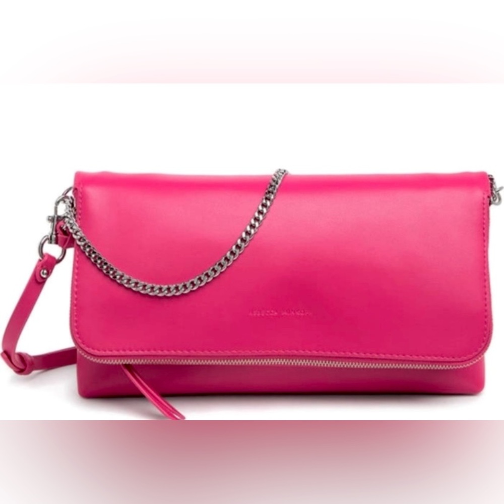 Rebecca Minkoff Date Crossbody Fold-Over Bag Leather ✨ Acid Pink | chain